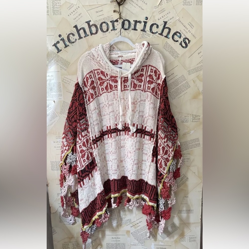 Free People Craft Poncho Sweater Hooded Drawstring Gardenia Spice Combo - Picture 5 of 6